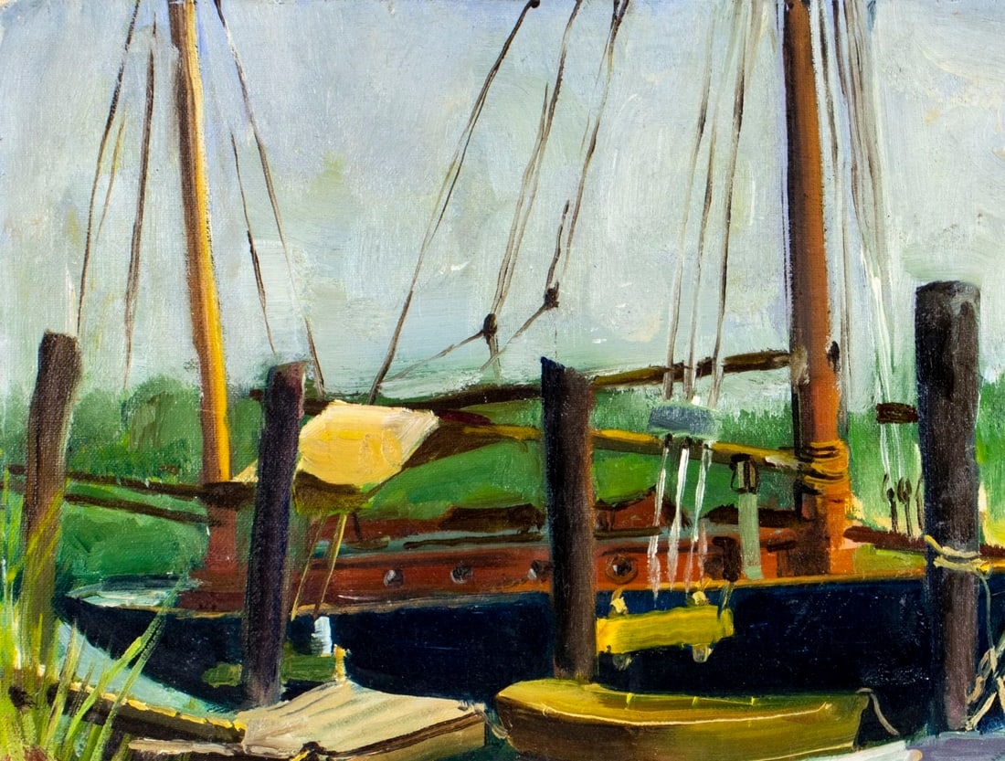 Artwork by Baumann, Harbor Scene, Made of oil on canvas board