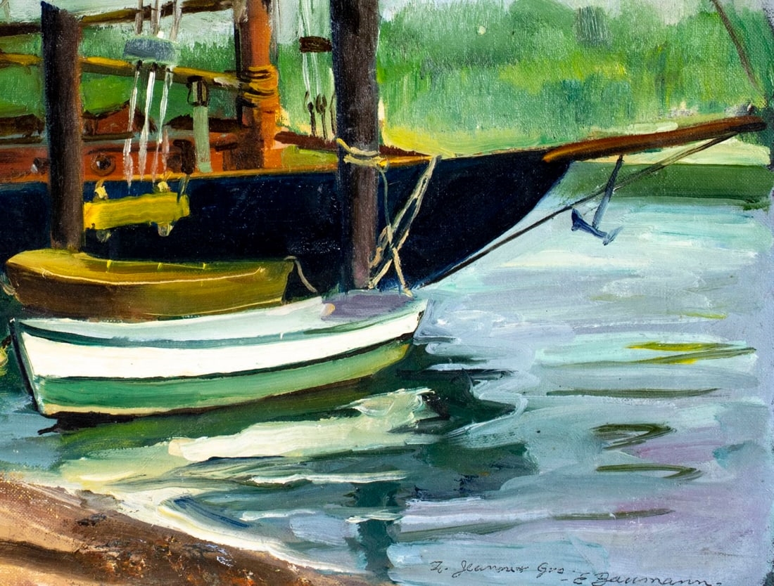 Artwork by Baumann, Harbor Scene, Made of oil on canvas board