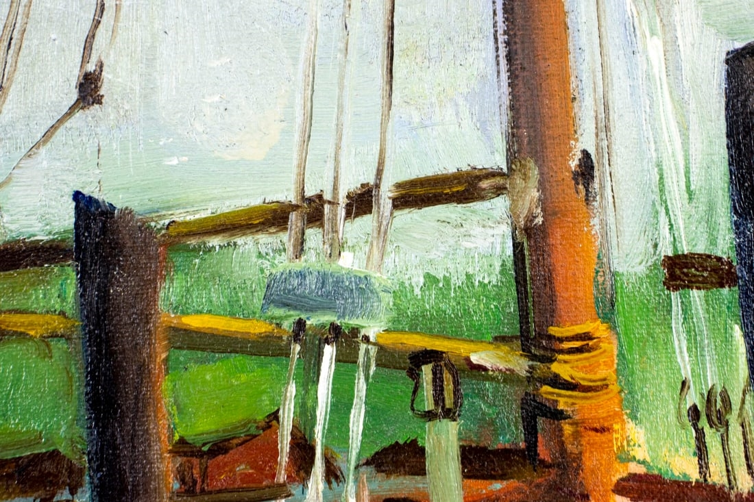 Artwork by Baumann, Harbor Scene, Made of oil on canvas board