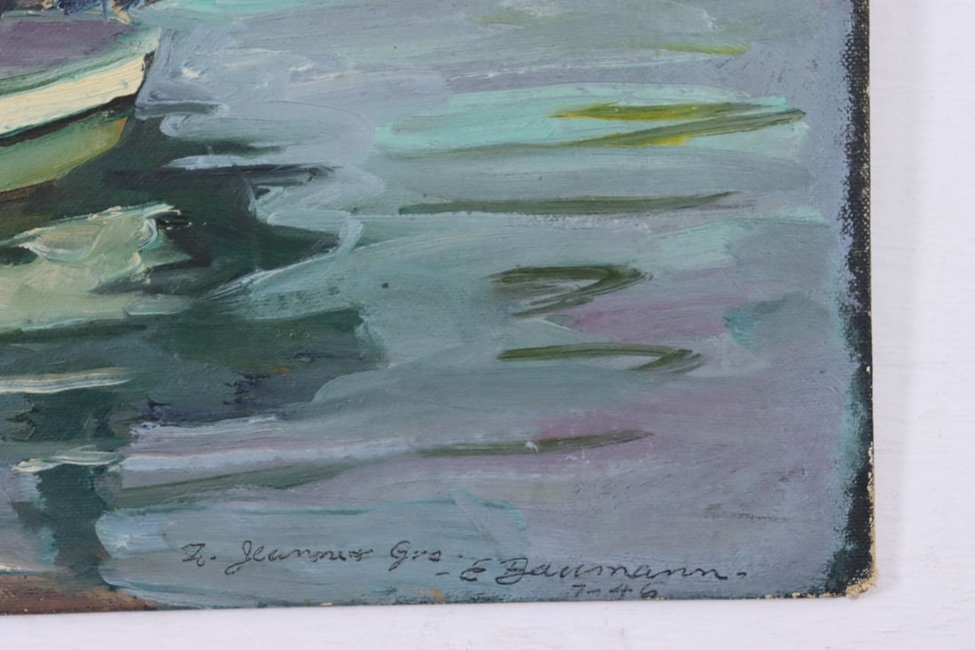 Artwork by Baumann, Harbor Scene, Made of oil on canvas board