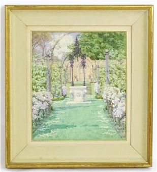 A study of a walled garden with a well. Signed lower right. Approx. 11" x 9" - P. Drummond