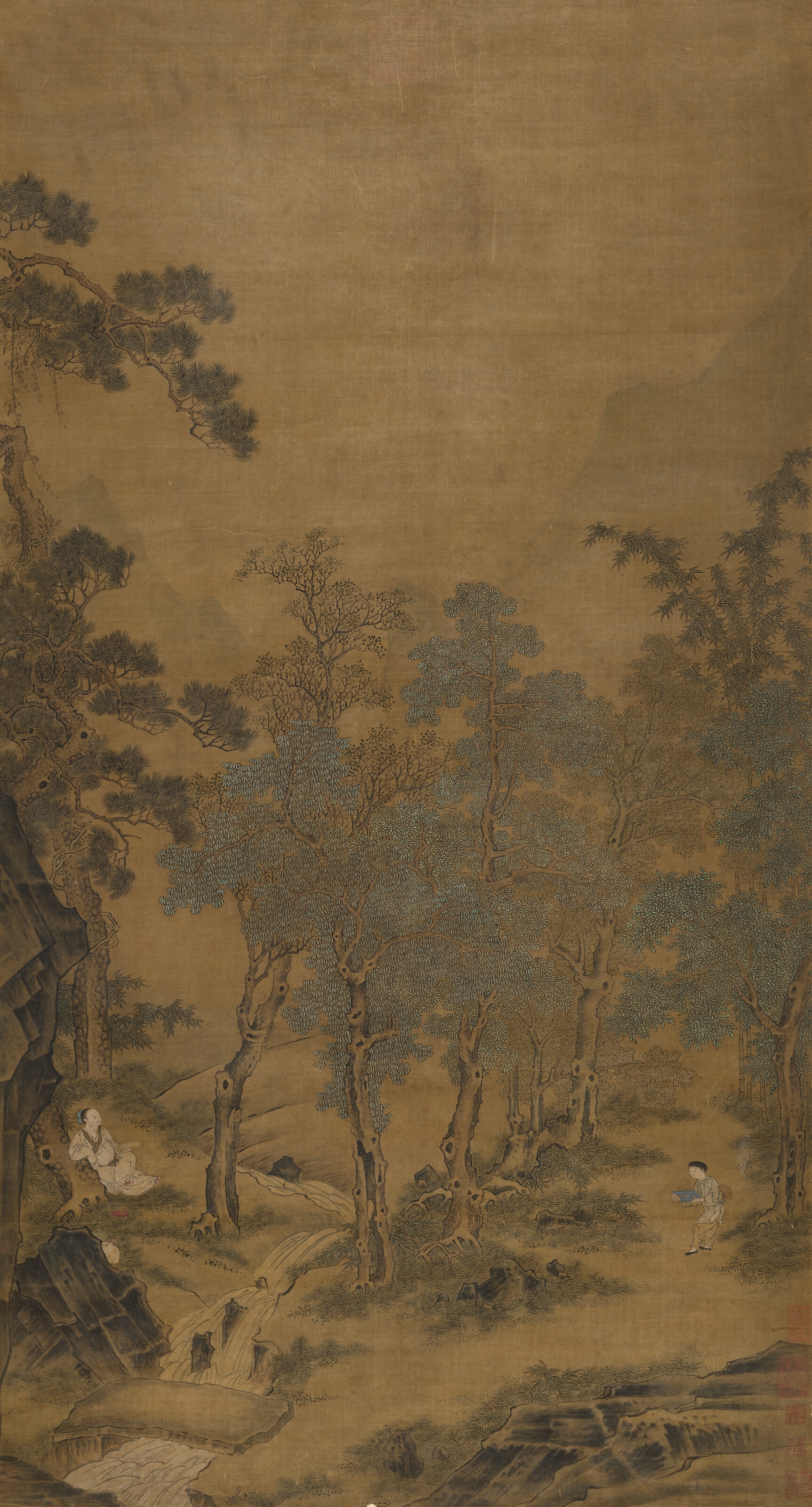 Artwork by Jing Hao, Scholar and Attendant, Made of Hanging scroll, ink and colour on silk