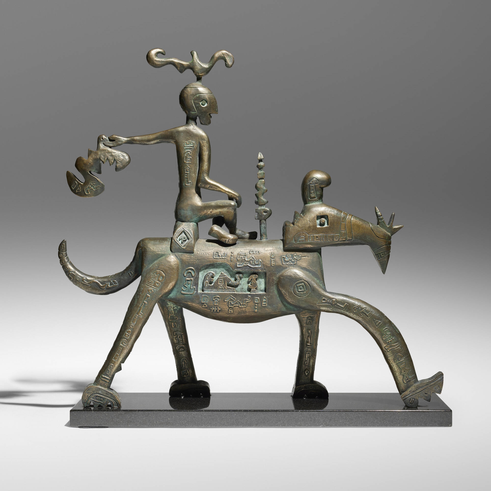 Artwork by Ynez Johnston, Rider with Fleece, Made of bronze, marble