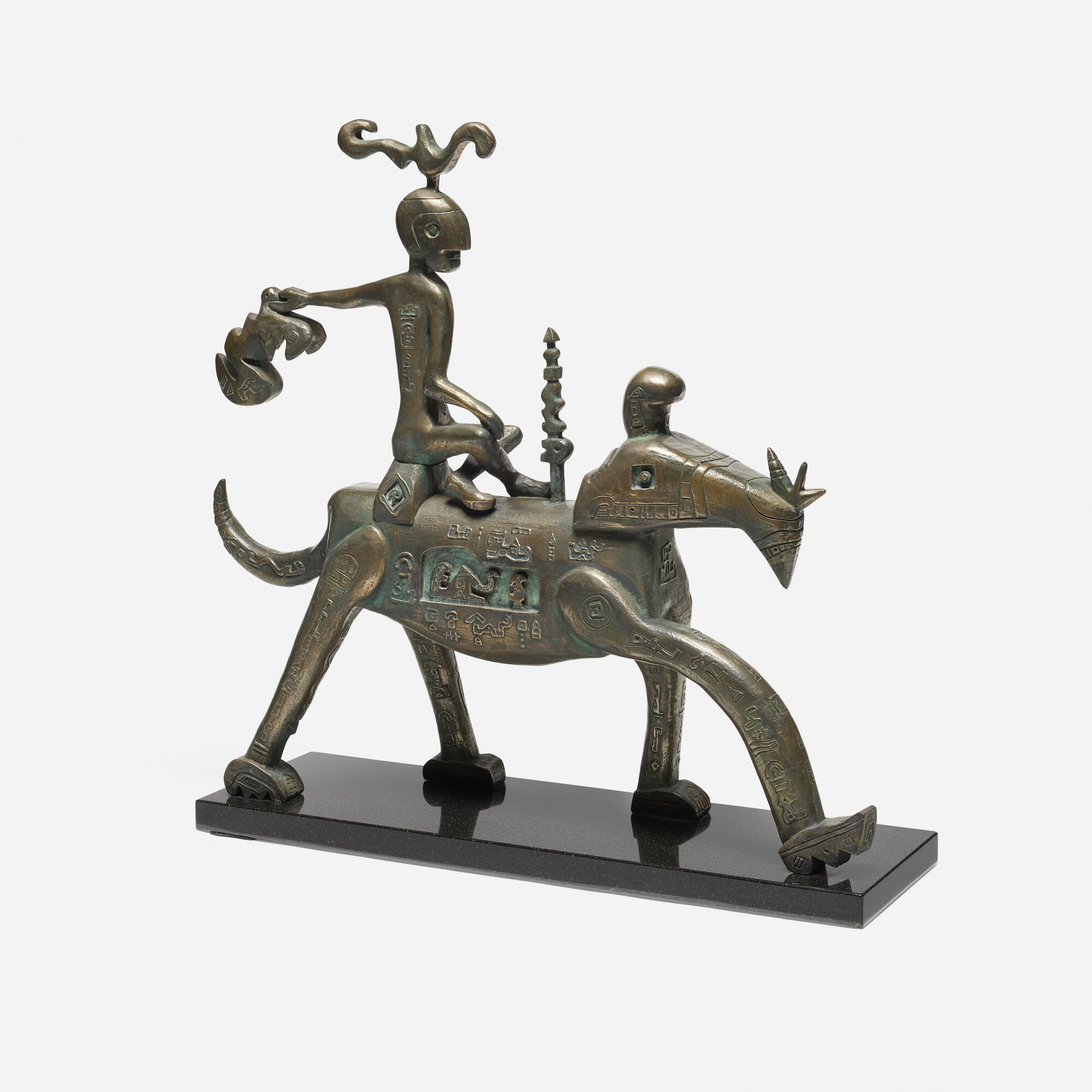 Artwork by Ynez Johnston, Rider with Fleece, Made of bronze, marble