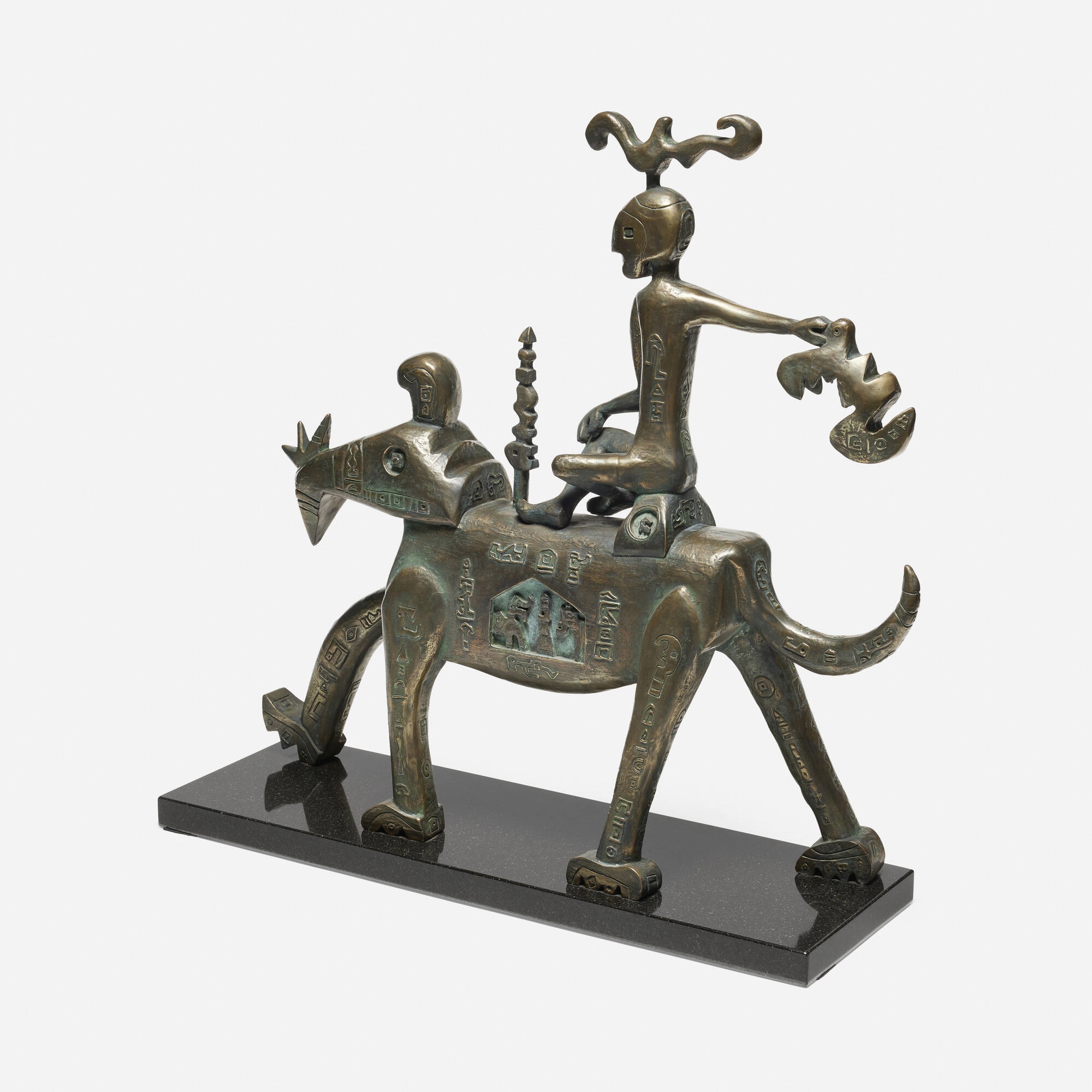 Artwork by Ynez Johnston, Rider with Fleece, Made of bronze, marble