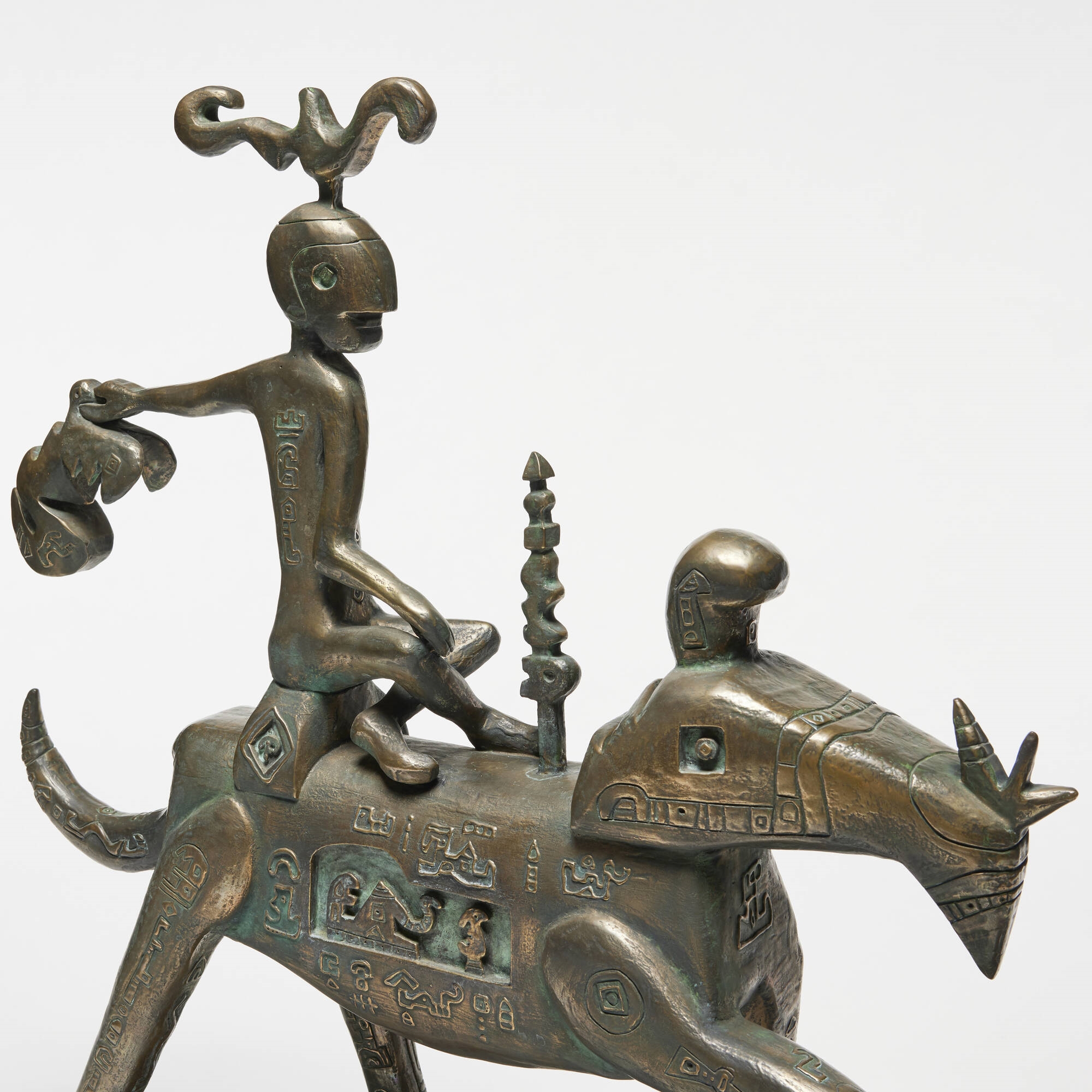 Artwork by Ynez Johnston, Rider with Fleece, Made of bronze, marble