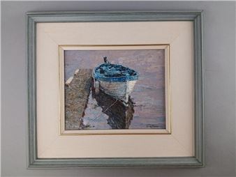 X Song Jiang Oil Painting Docked Boat - X. Song Jiang