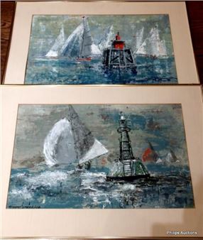 Two framed paintings of sailboats and lighthouses on a choppy sea.