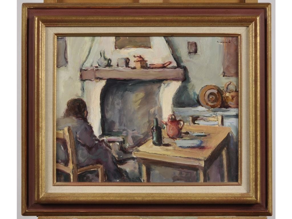 Artwork by Raymond Vernet, Scène dans une cuisine, Made of oil on cardboard