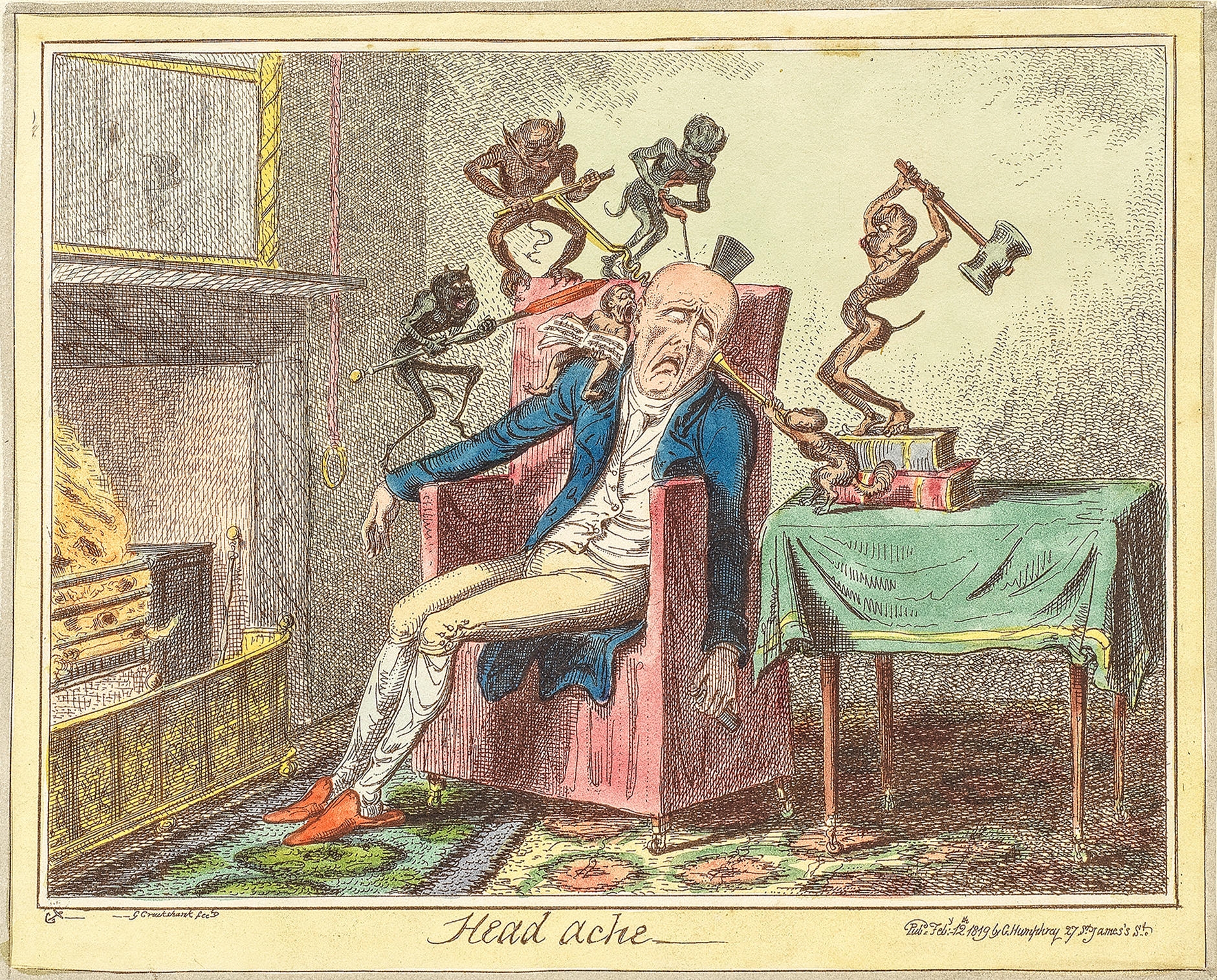 Artwork by George Cruikshank, The Head Ache, Made of coloured etchings