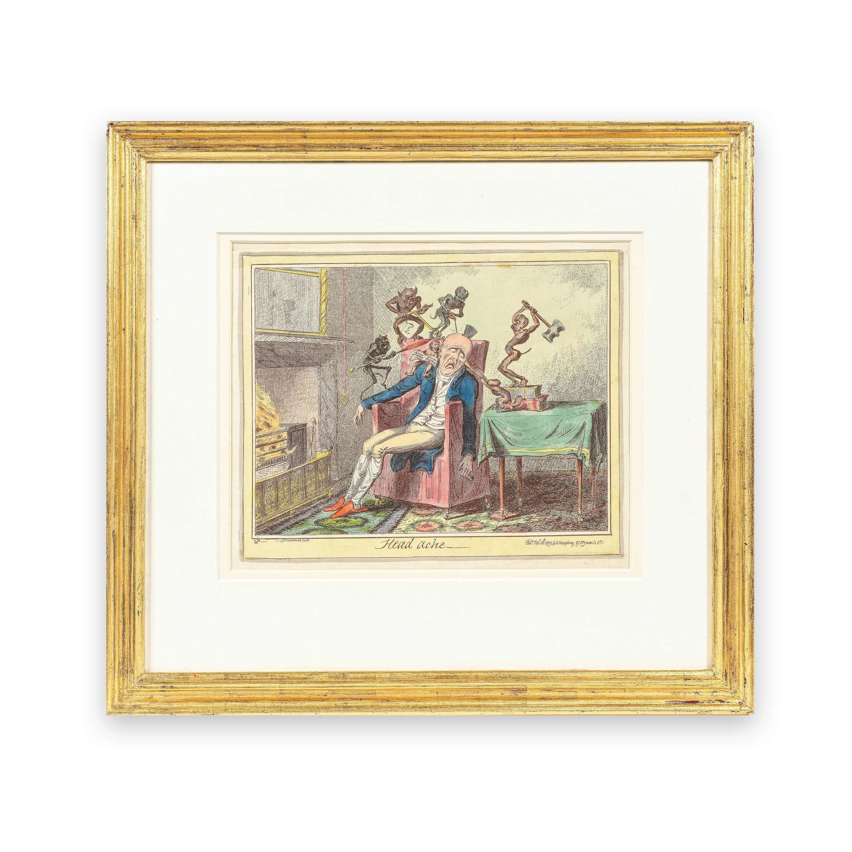 Artwork by George Cruikshank, The Head Ache, Made of coloured etchings