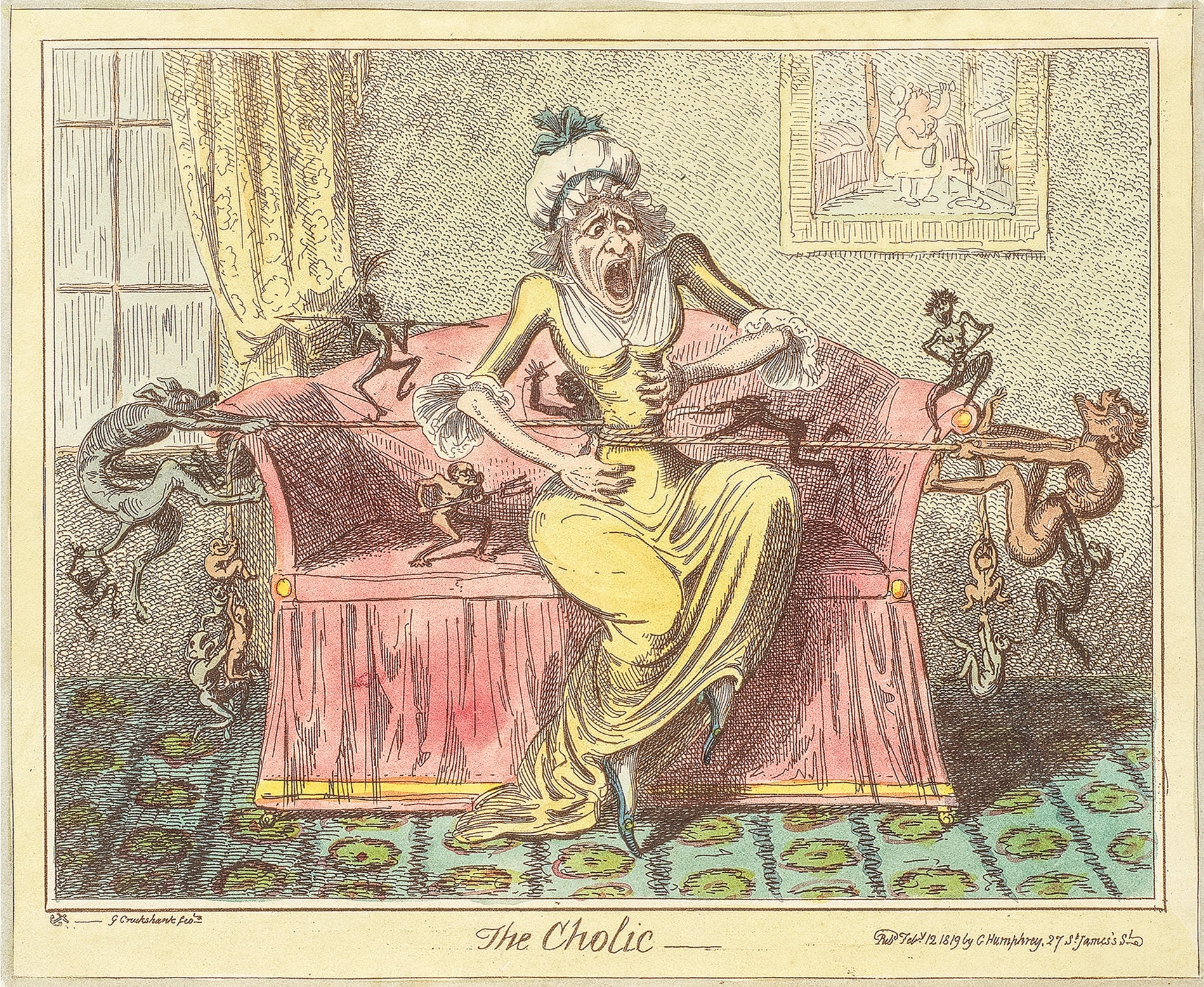 Artwork by George Cruikshank, The Head Ache, Made of coloured etchings