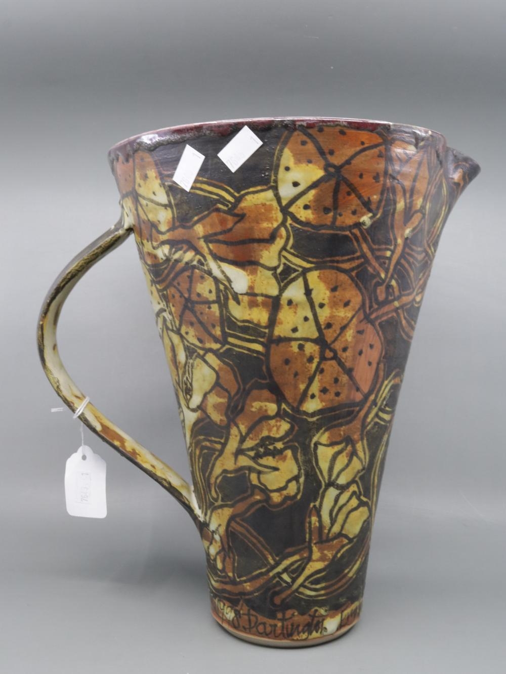 Artwork by Alexandra Copeland, LARGE JUG SIGNED LOWER SIDE 1998 DARTINGTON WITH IMPRESS MARKS LOWER, Made of RED GLAZED INSIDE AND HAND PAINTED