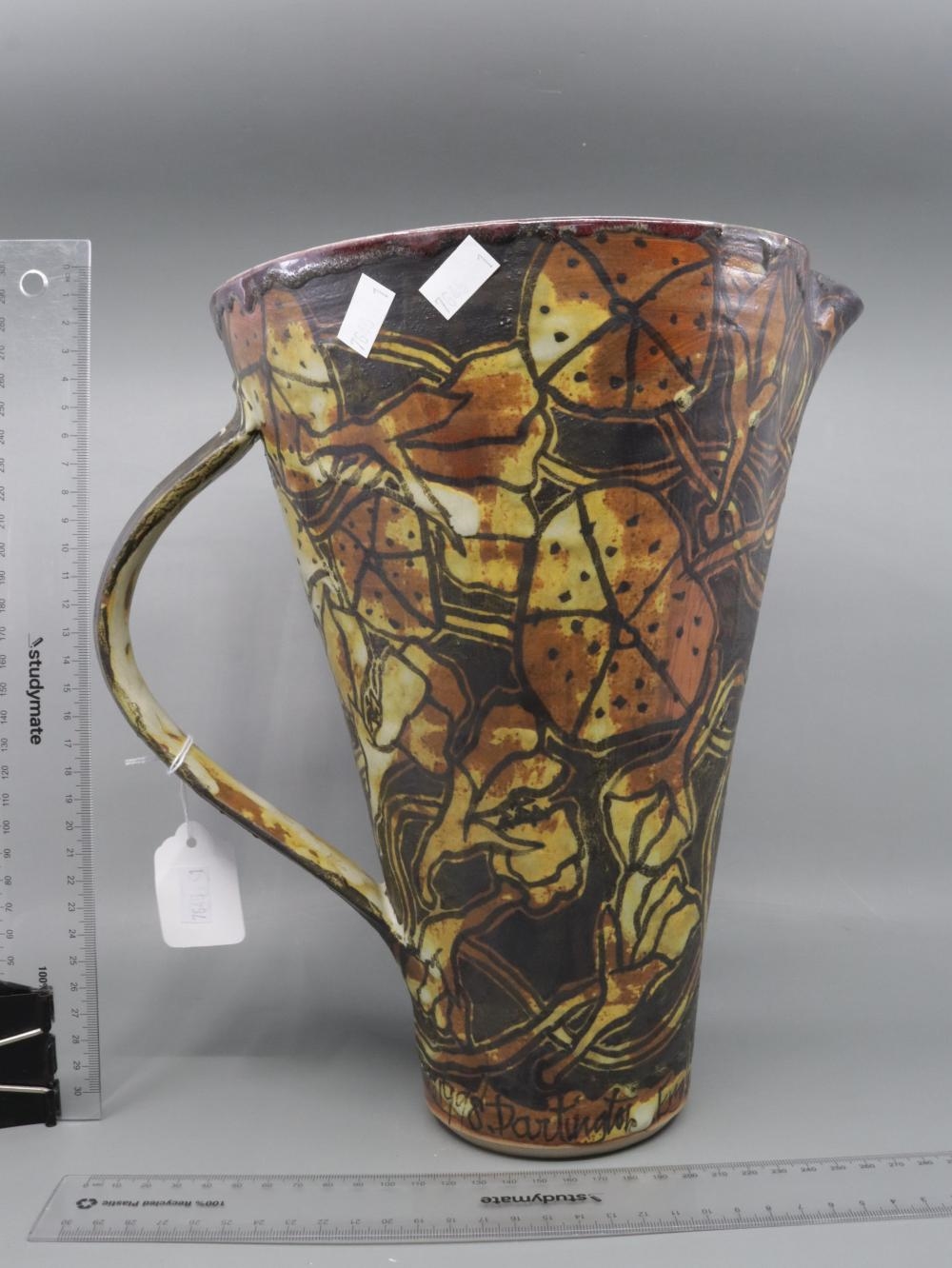 Artwork by Alexandra Copeland, LARGE JUG SIGNED LOWER SIDE 1998 DARTINGTON WITH IMPRESS MARKS LOWER, Made of RED GLAZED INSIDE AND HAND PAINTED