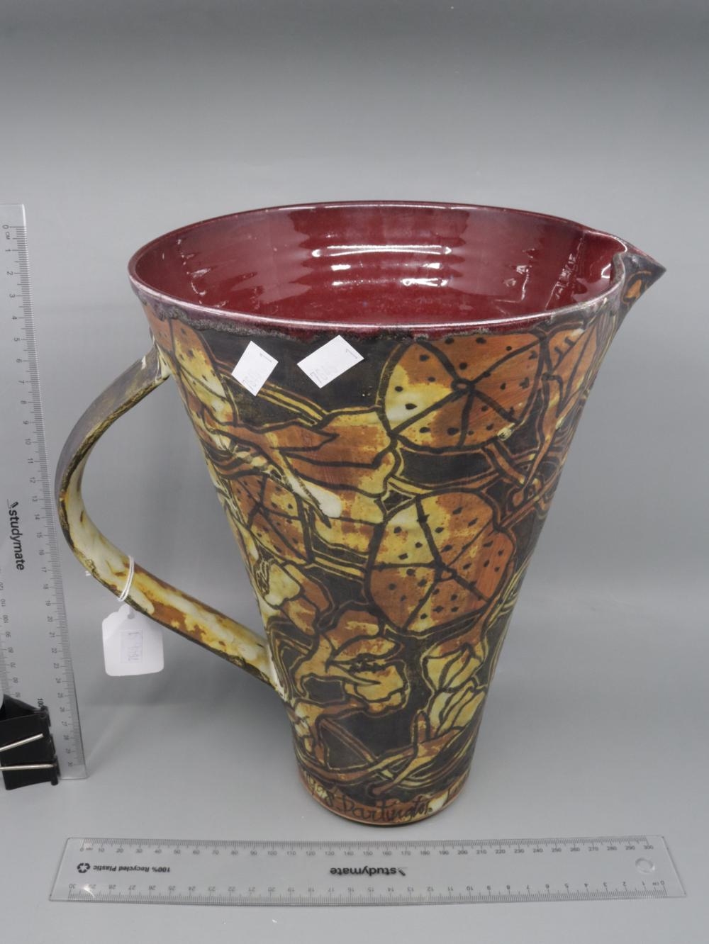 Artwork by Alexandra Copeland, LARGE JUG SIGNED LOWER SIDE 1998 DARTINGTON WITH IMPRESS MARKS LOWER, Made of RED GLAZED INSIDE AND HAND PAINTED