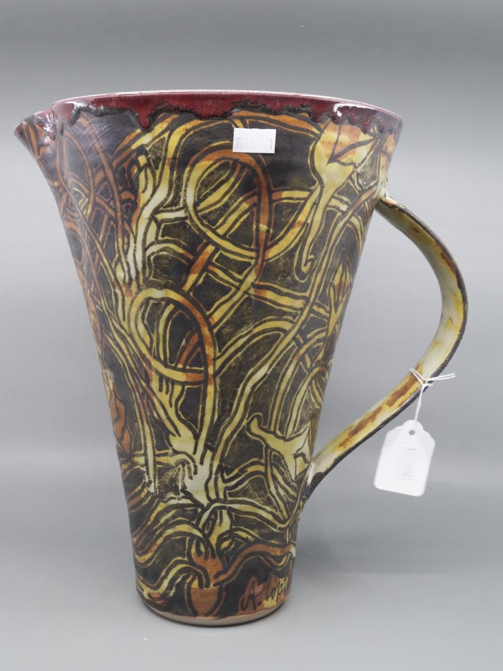 Artwork by Alexandra Copeland, LARGE JUG SIGNED LOWER SIDE 1998 DARTINGTON WITH IMPRESS MARKS LOWER, Made of RED GLAZED INSIDE AND HAND PAINTED