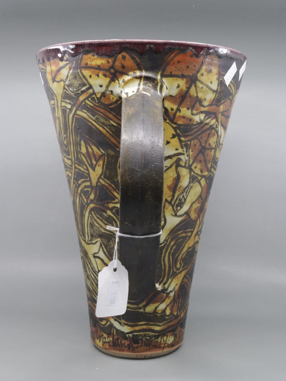 Artwork by Alexandra Copeland, LARGE JUG SIGNED LOWER SIDE 1998 DARTINGTON WITH IMPRESS MARKS LOWER, Made of RED GLAZED INSIDE AND HAND PAINTED