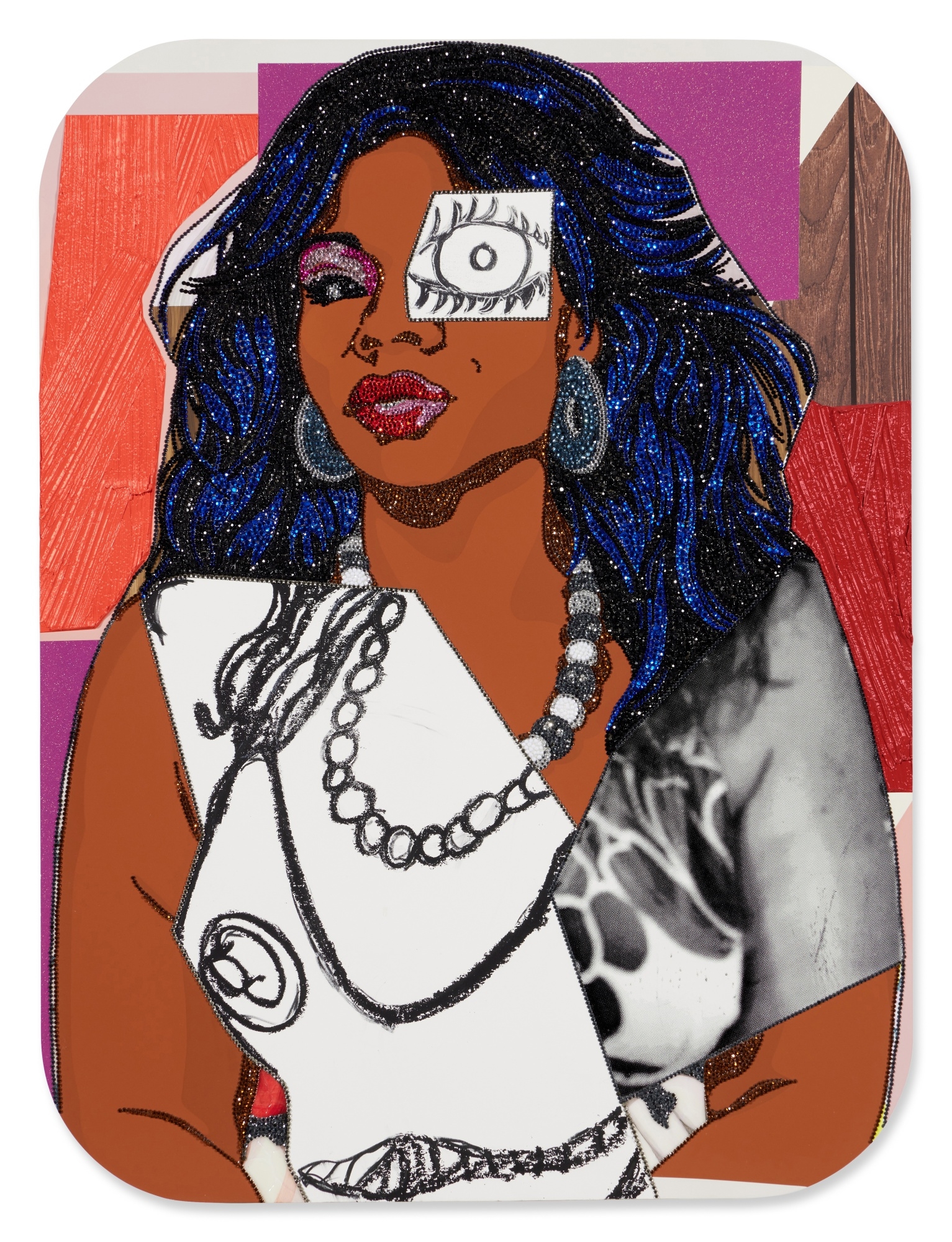 Artwork by Mickalene Thomas, Portrait of Din #4, Made of acrylic, oil and rhinestones on wood panel