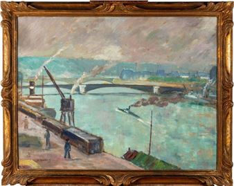 Conteneurs sur le port de Rouen Huile sur carton - Georges Sauclières