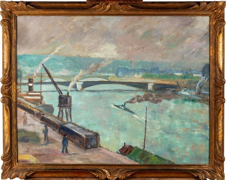 Artwork by Georges Sauclières, Conteneurs sur le port de Rouen Huile sur carton, Made of carton