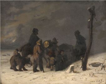 A somber winter scene depicting figures and animals in a snowy landscape under a dark, brooding sky.
