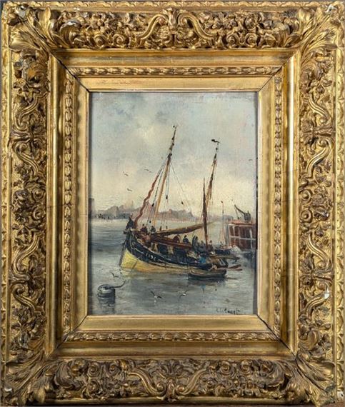 Charles Emile CANET (c.1865-?) Sailboat at low tide Oil on panel signed lower right (Rubbing) 23 x 18 cm - Charles Emile CANET