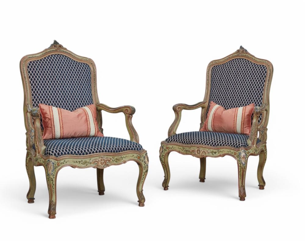 RoCoCo | A pair of Italian Rococo style green painted and polychrome ...