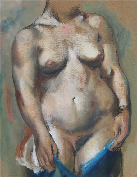 A loose, expressive painting of a nude figure in blue undergarments.