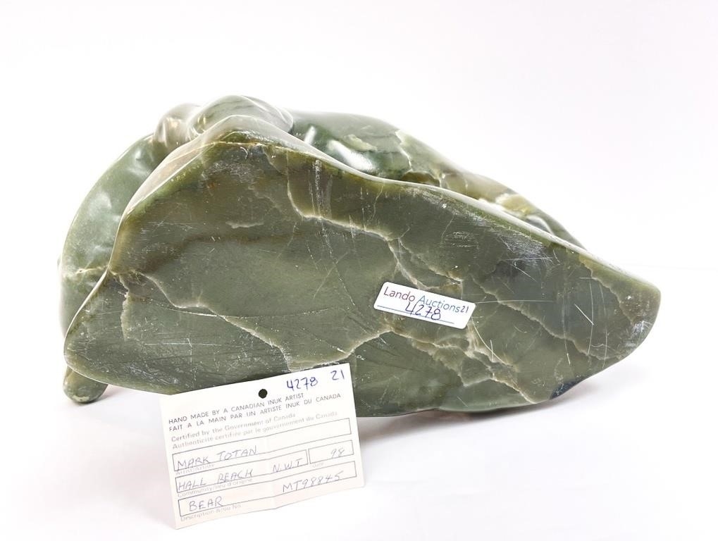 Artwork by Mark Totan, (1953 - 2022) E71103 Igloolik
Bear
soapstone
6.25 x 9.5 x 7.5 in 15.9 x 24.1 x 19 cm 1998
signed, Made of soapstone