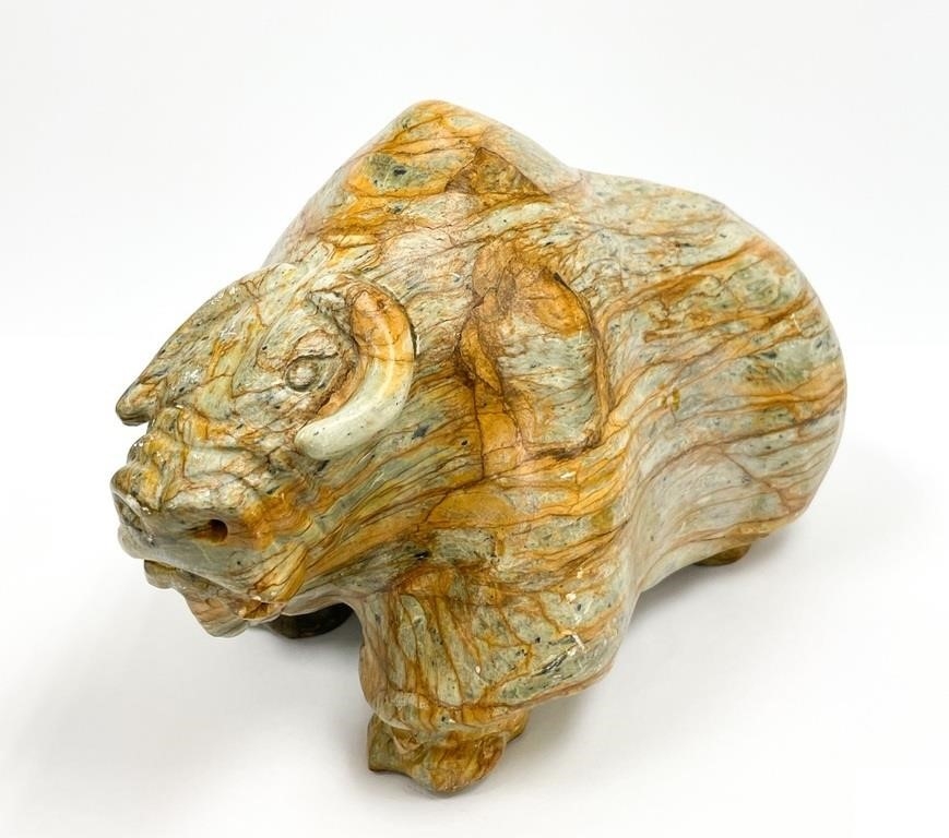 Artwork by Jonasie Faber, b. 1944
Untitled (Musk Ox)
stone
8 x 15.5 x 7.5 in 20.3 x 39.4 x 19.1 cm 1981
signed and dated on bottom, Made of stone