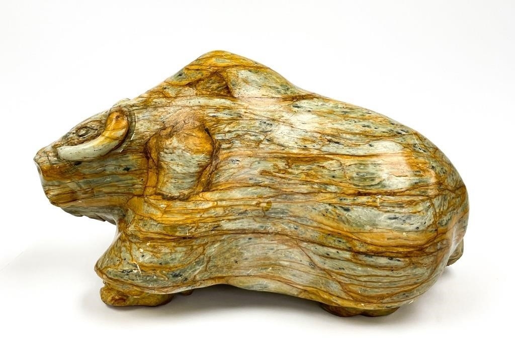 Artwork by Jonasie Faber, b. 1944
Untitled (Musk Ox)
stone
8 x 15.5 x 7.5 in 20.3 x 39.4 x 19.1 cm 1981
signed and dated on bottom, Made of stone