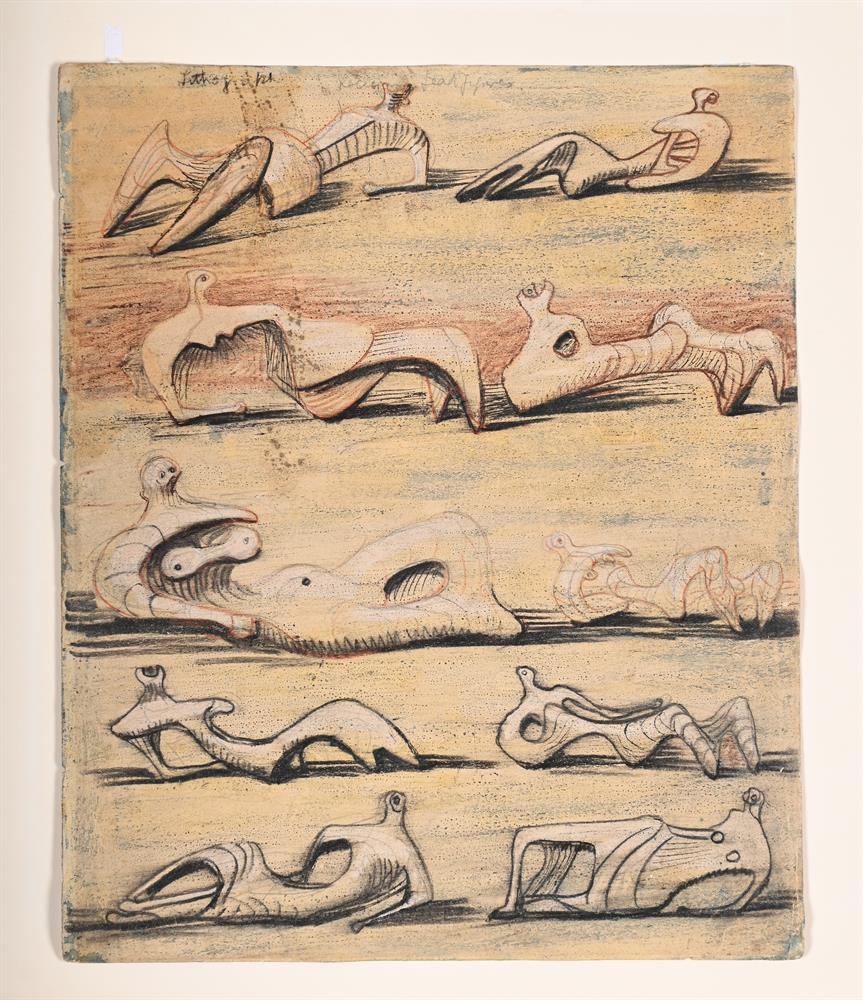 Artwork by Henry Moore, RECLINING FIGURES, Made of Pencil, wax crayon, watercolour