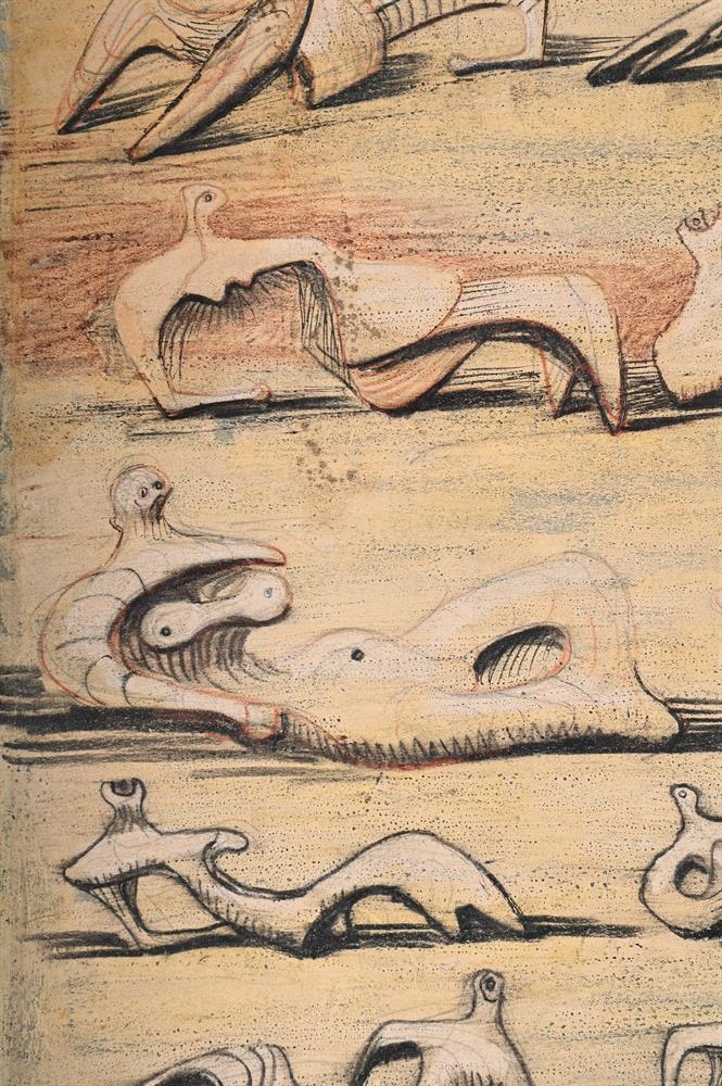 Artwork by Henry Moore, RECLINING FIGURES, Made of Pencil, wax crayon, watercolour