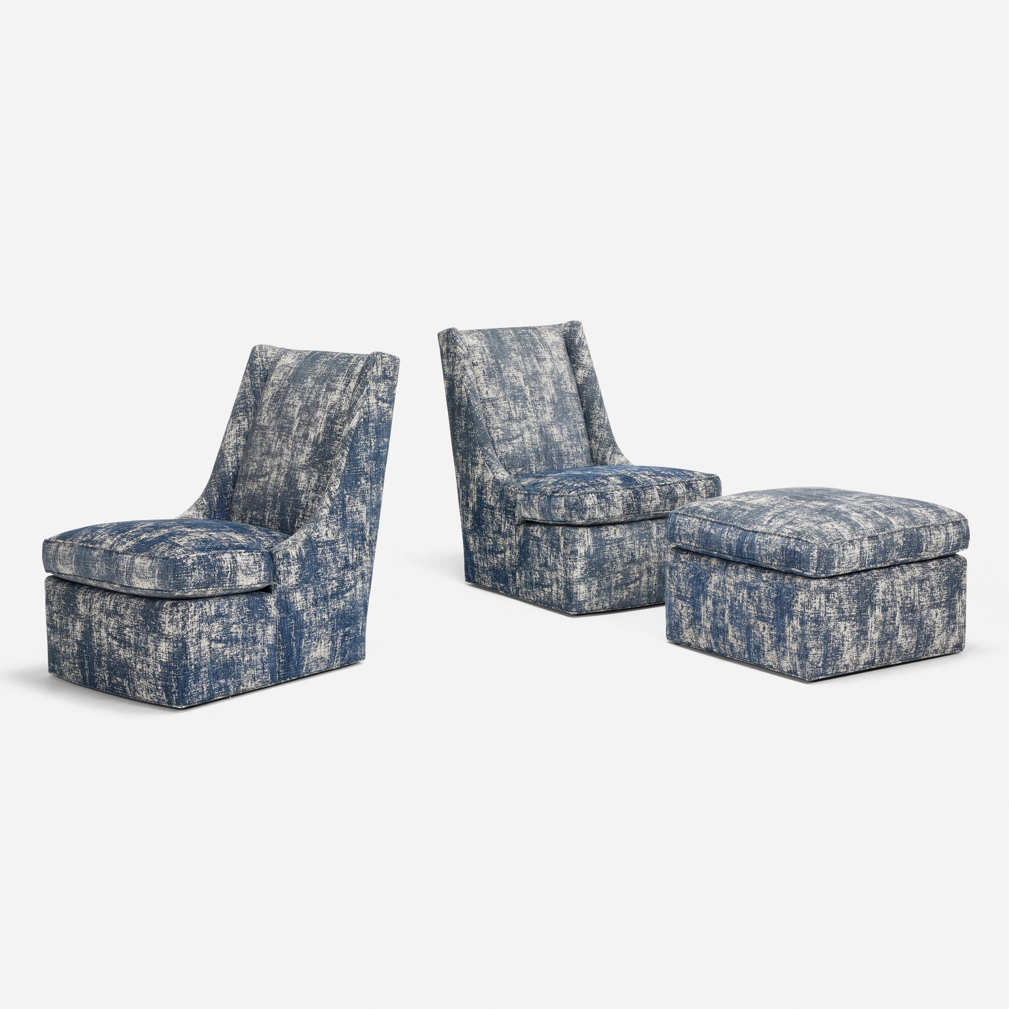Artwork by Angelo Donghia, Lounge chairs, pair and ottoman, Made of upholstery, Fabric