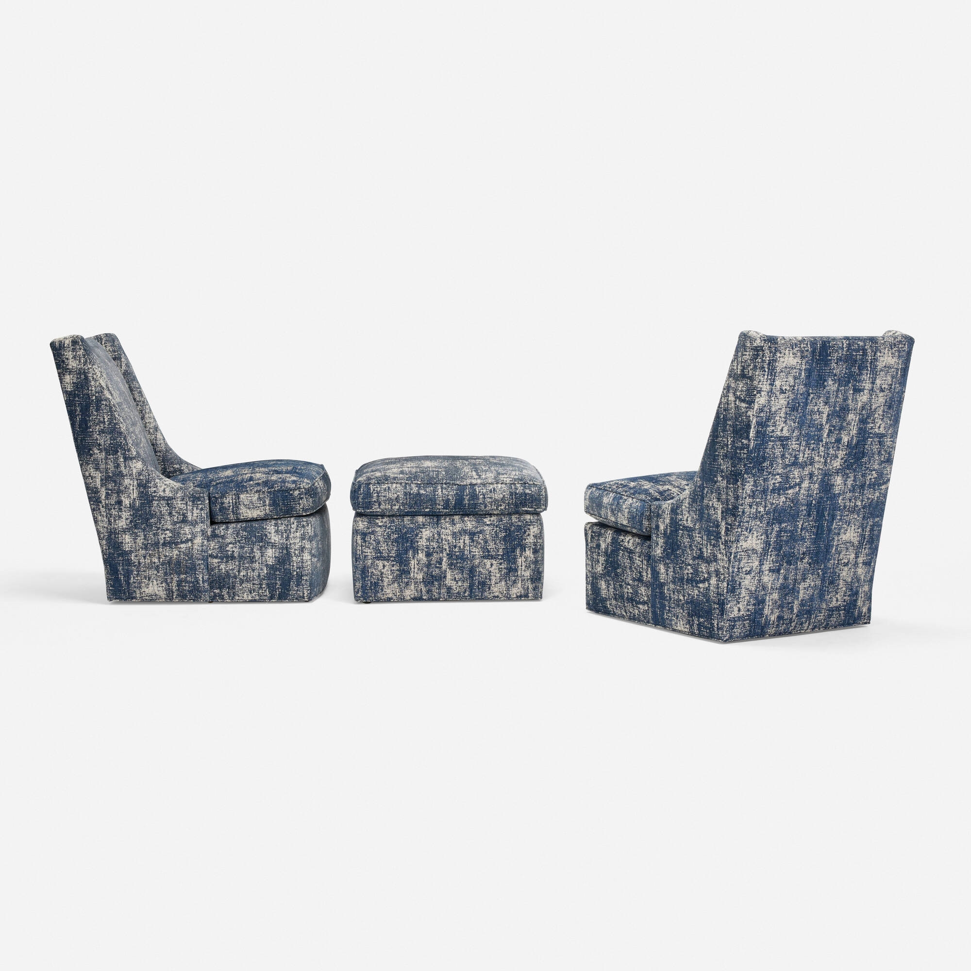 Artwork by Angelo Donghia, Lounge chairs, pair and ottoman, Made of upholstery, Fabric
