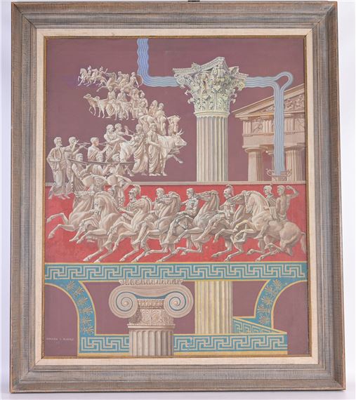 A classical composition featuring mythological figures, chariots, and architectural elements in a stylized, flat design.