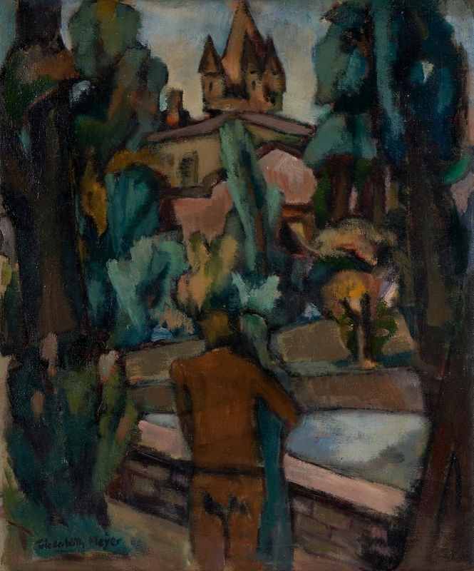 Artwork by Friedrich Wilhelm Meyer, Paar in der Grünanlage - Blick auf d. Eschenheimer Turm, Made of oil/canvas