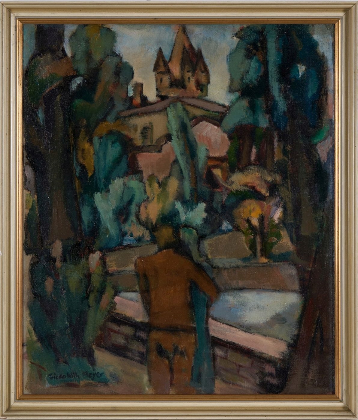 Artwork by Friedrich Wilhelm Meyer, Paar in der Grünanlage - Blick auf d. Eschenheimer Turm, Made of oil/canvas