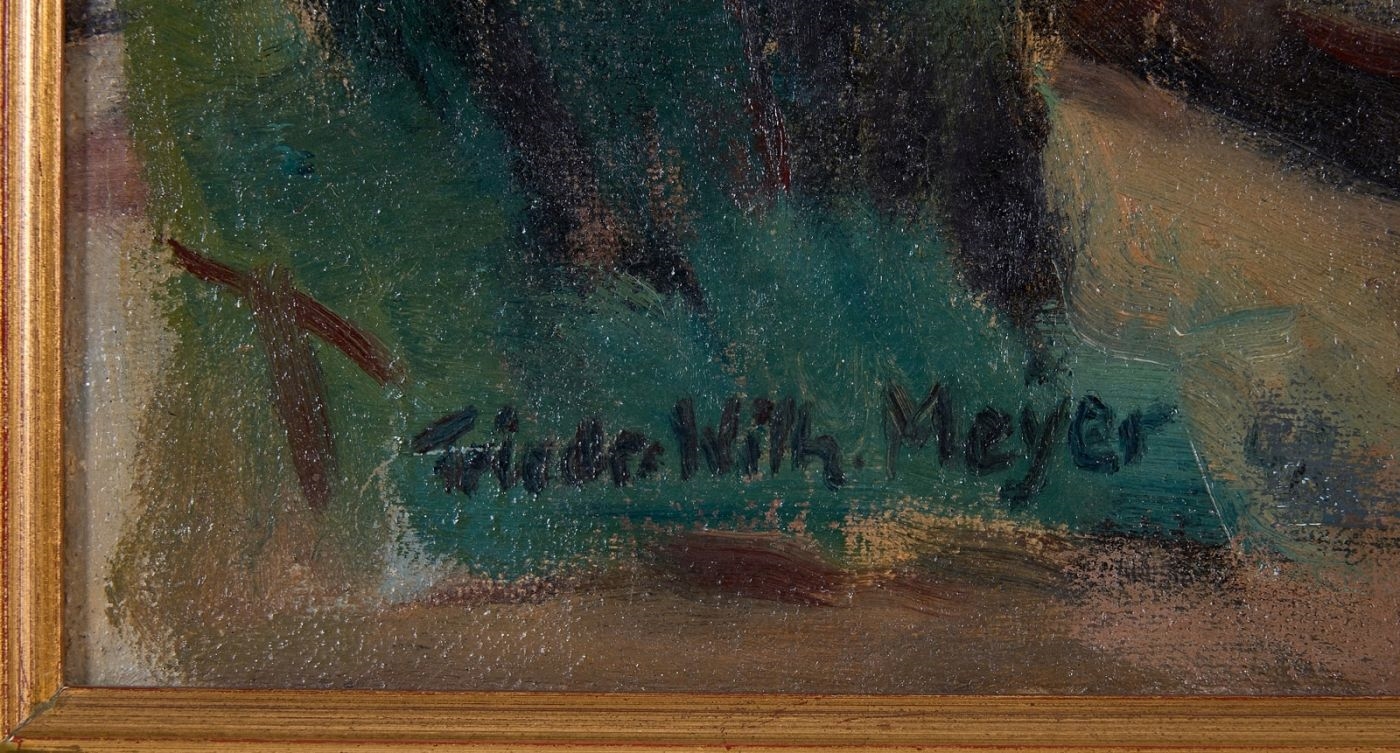 Artwork by Friedrich Wilhelm Meyer, Paar in der Grünanlage - Blick auf d. Eschenheimer Turm, Made of oil/canvas