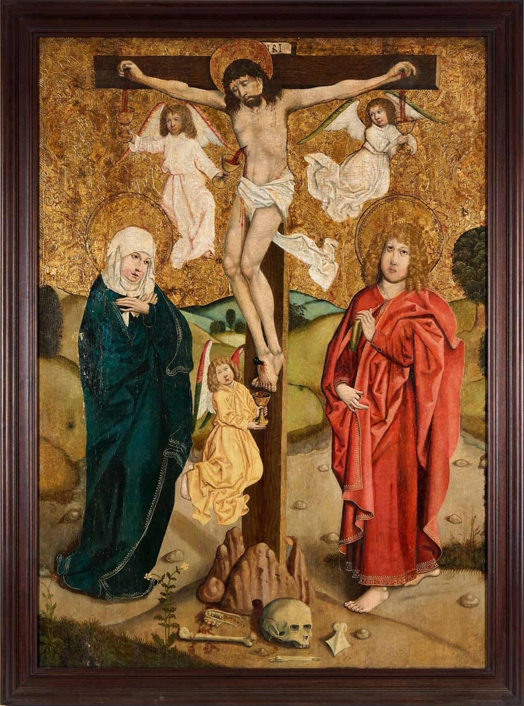 Artwork by Master of the Middle-Rhine, Kreuzigung Christi mit Maria und dem Evangelisten Johannes, Made of mixed media on wood