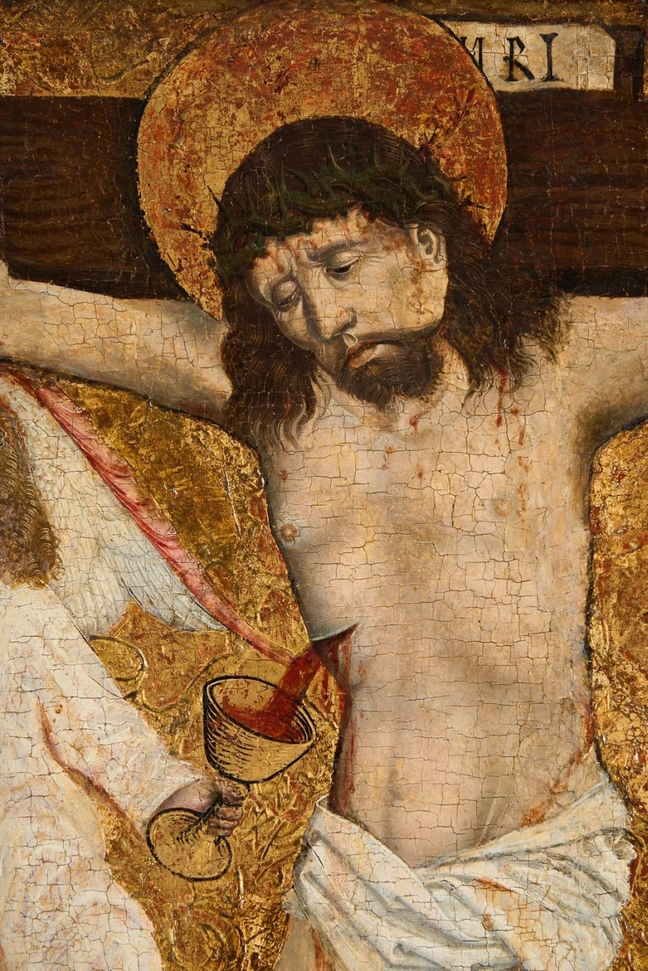 Artwork by Master of the Middle-Rhine, Kreuzigung Christi mit Maria und dem Evangelisten Johannes, Made of mixed media on wood