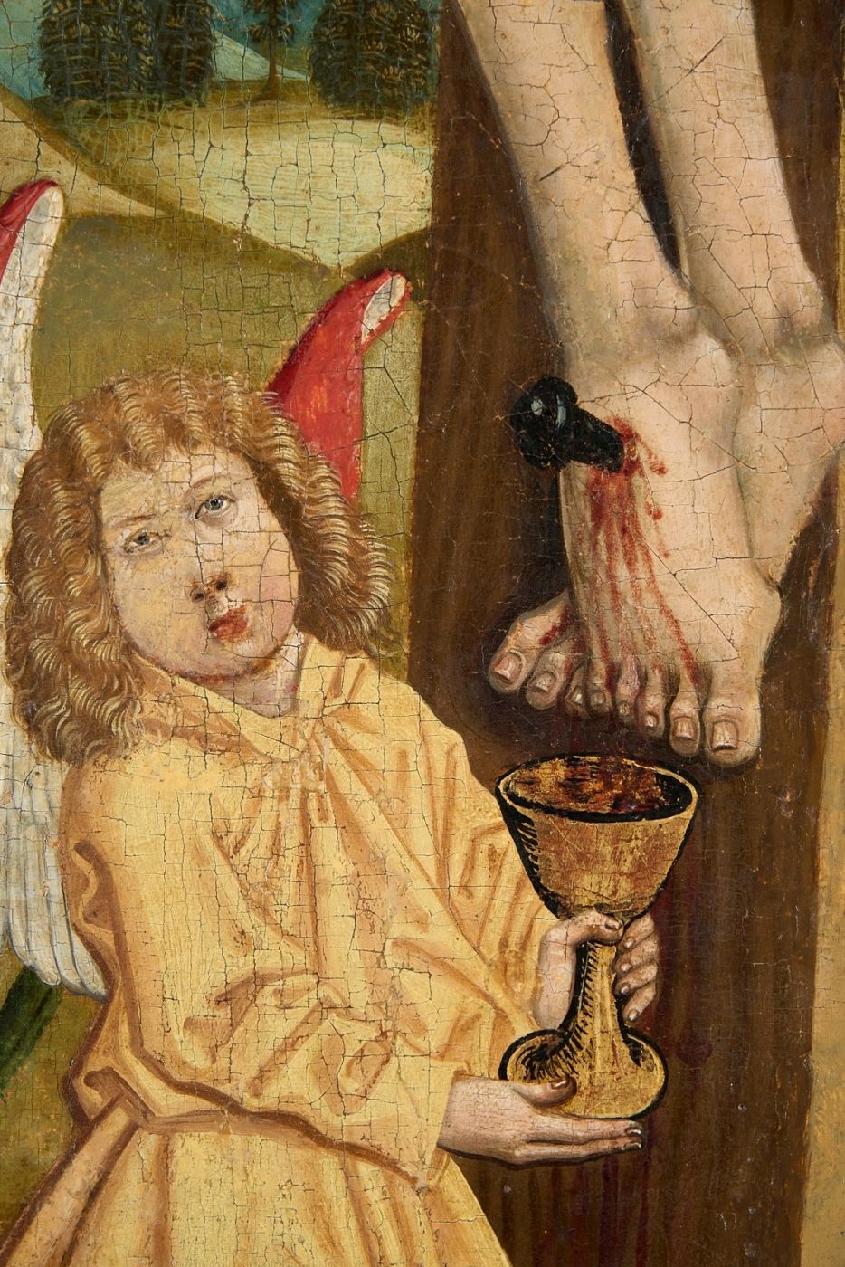Artwork by Master of the Middle-Rhine, Kreuzigung Christi mit Maria und dem Evangelisten Johannes, Made of mixed media on wood