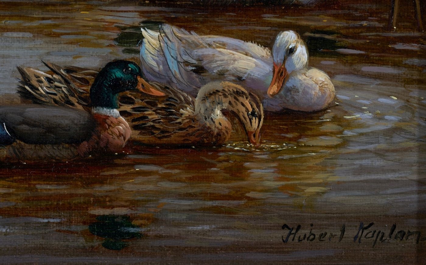 Artwork by Hubert Kaplan, Enten am Teich, Made of oil on wood