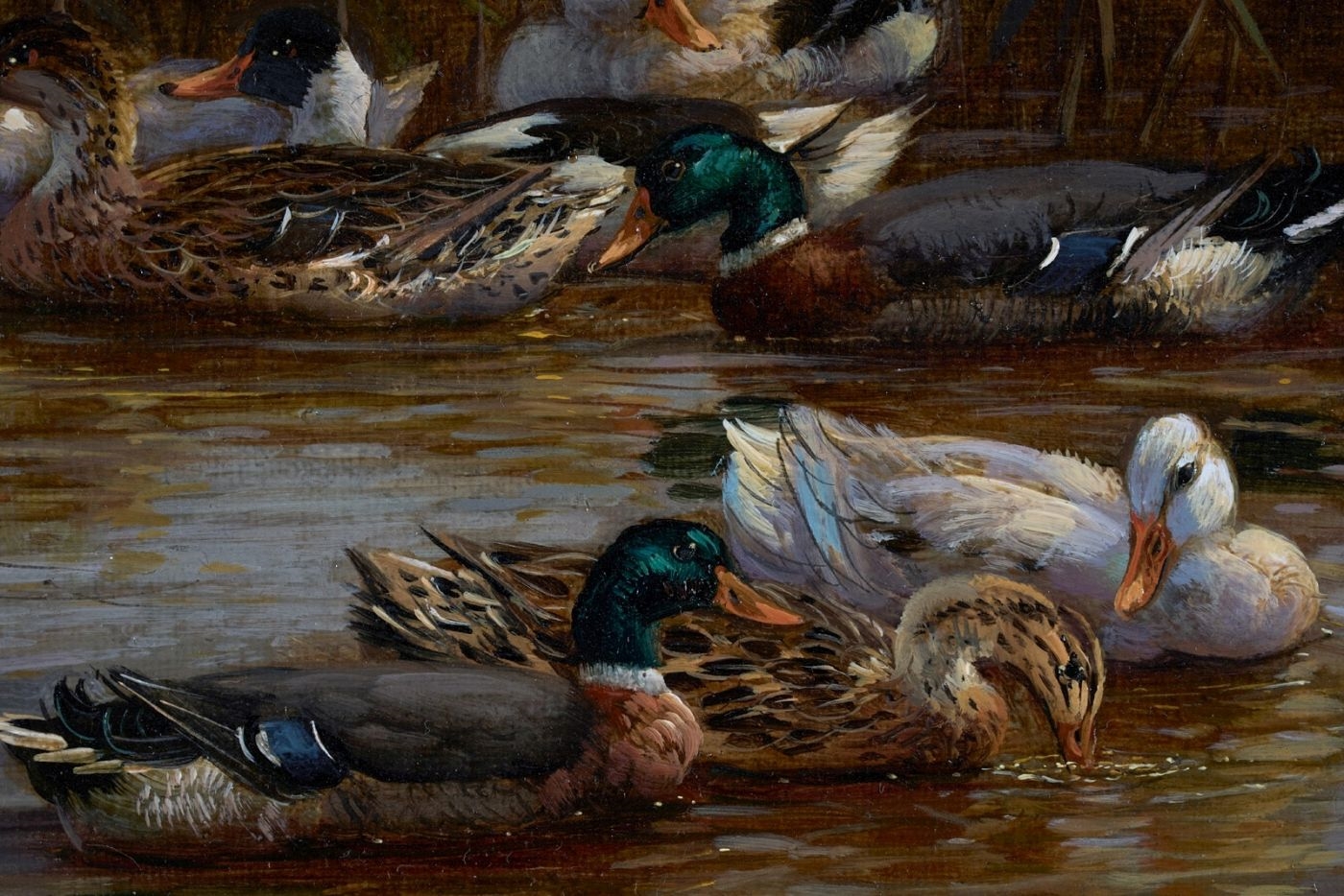 Artwork by Hubert Kaplan, Enten am Teich, Made of oil on wood