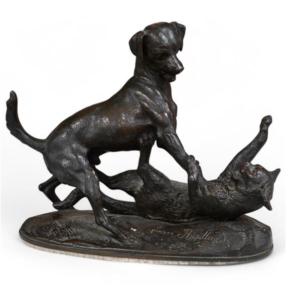 Pierre Louis Rouillard | a bronze group of a dog attacking a cat ...