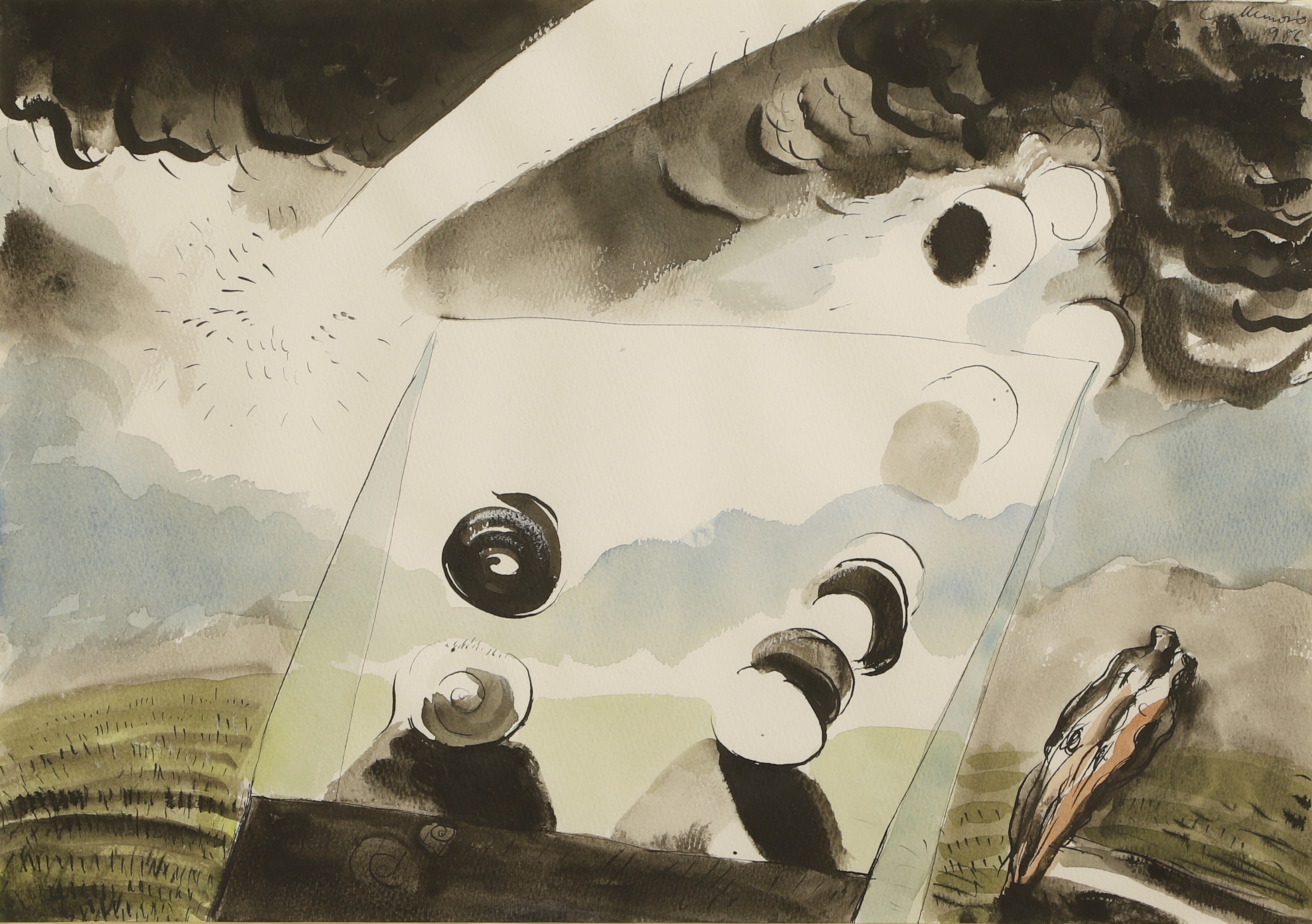 Artwork by Michael Cullimore, Still Life with Comet, Made of pen and ink and watercolour