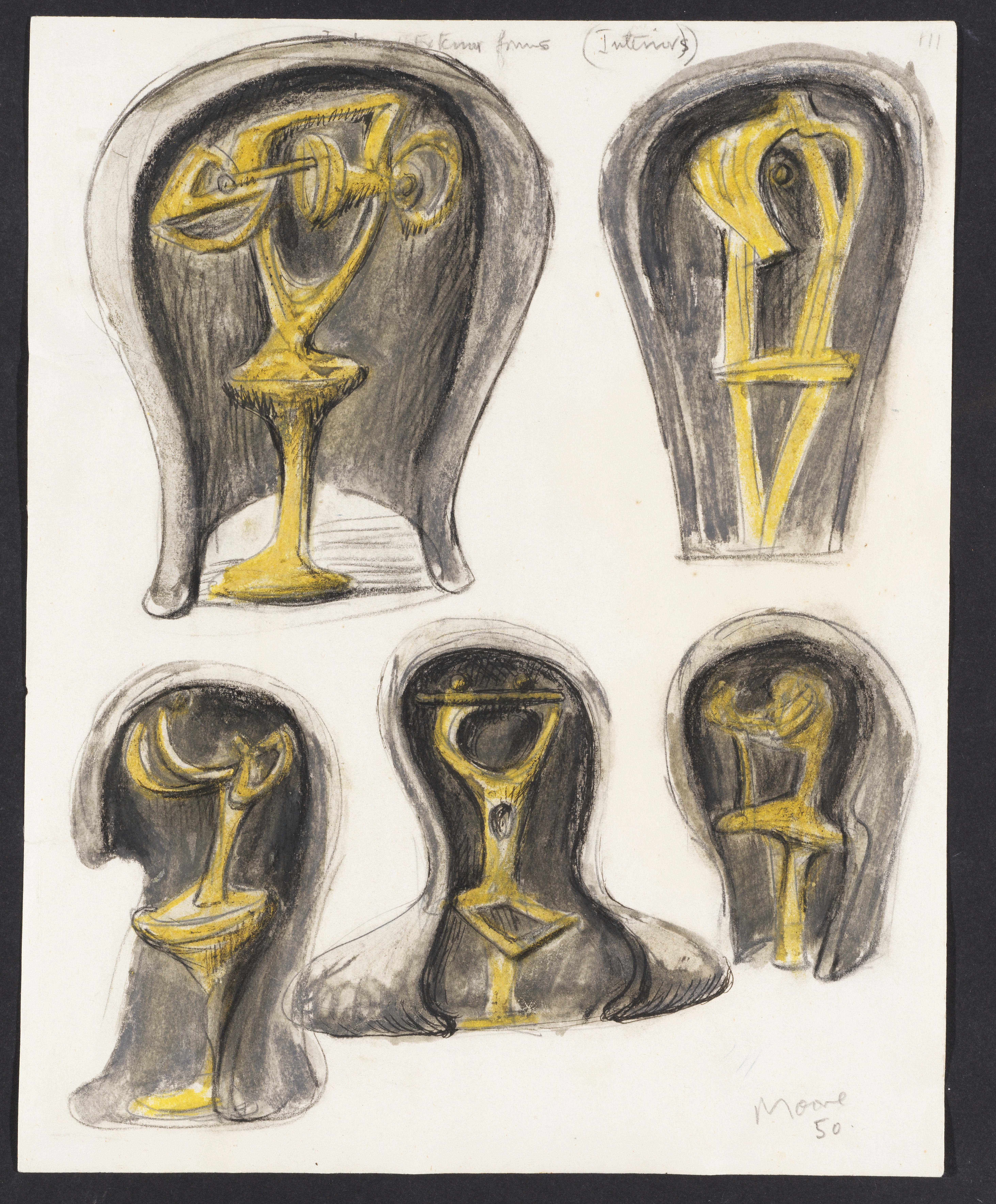 Artwork by Henry Moore, Helmet Heads: Exterior Forms (Interior, Made of Gouache, watercolor wash, black chalk, ink and pencil