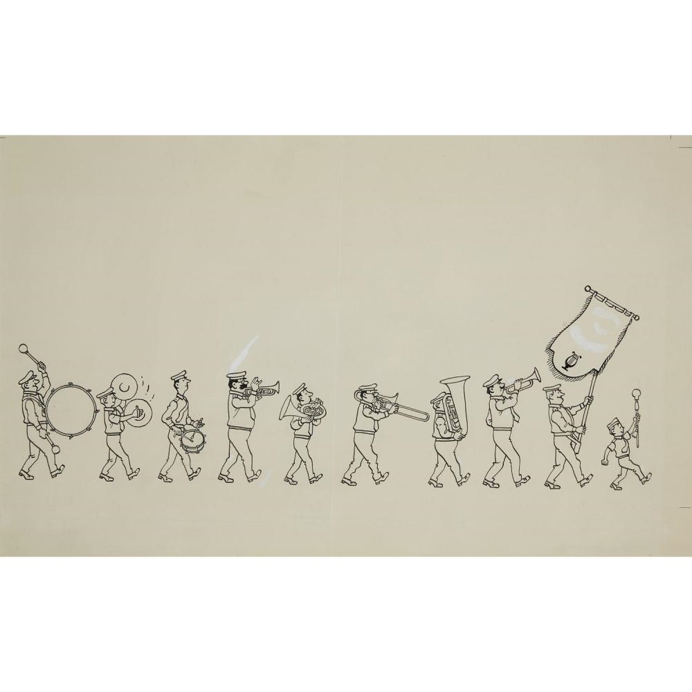 Hergé | Dessin original et inédit d'une file de dix musiciens de l ...