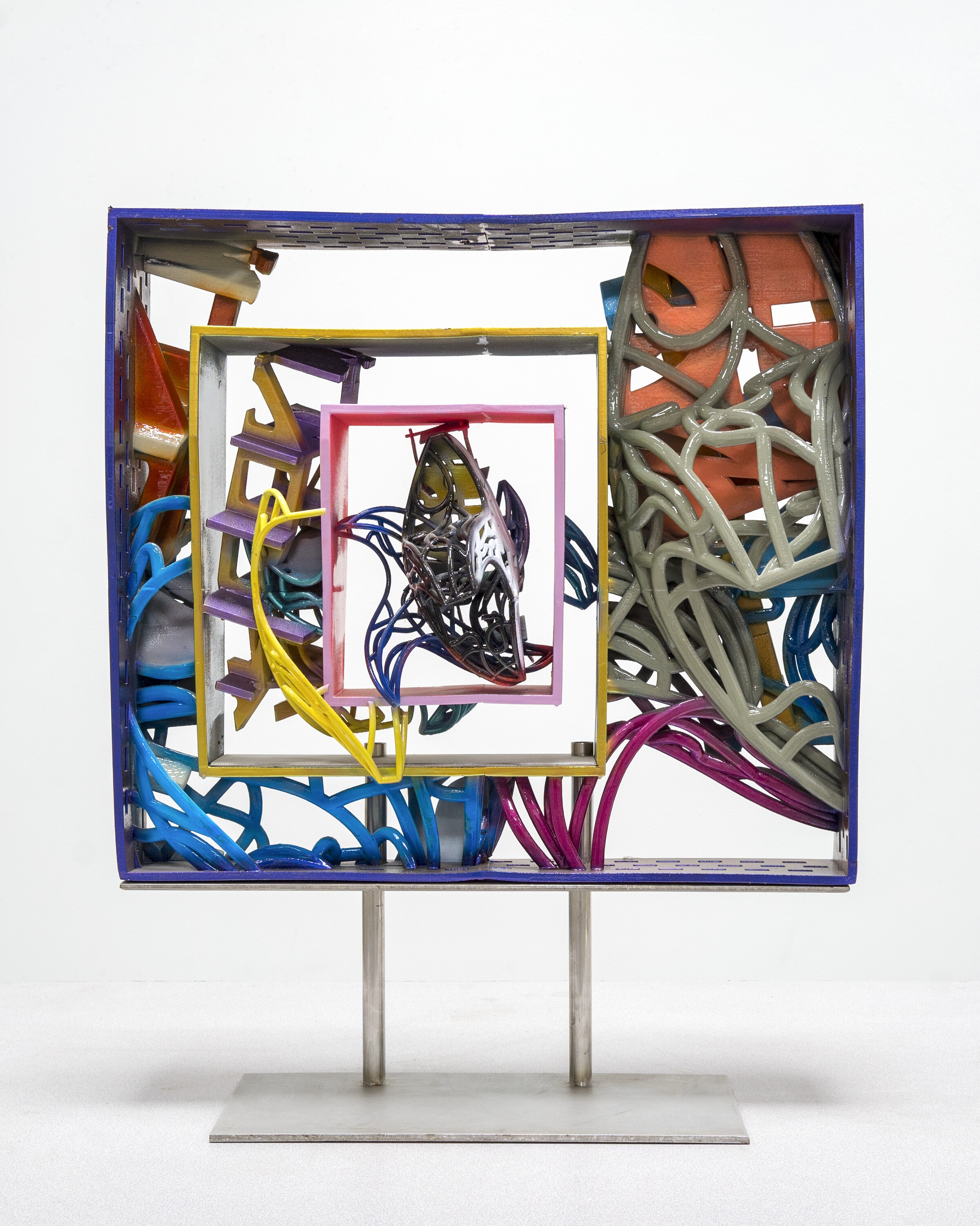 Artwork by Frank Stella, Framed Model for the Frigate Macedonian HBM and the Frigate United States 2, Made of plastic with stainless steel