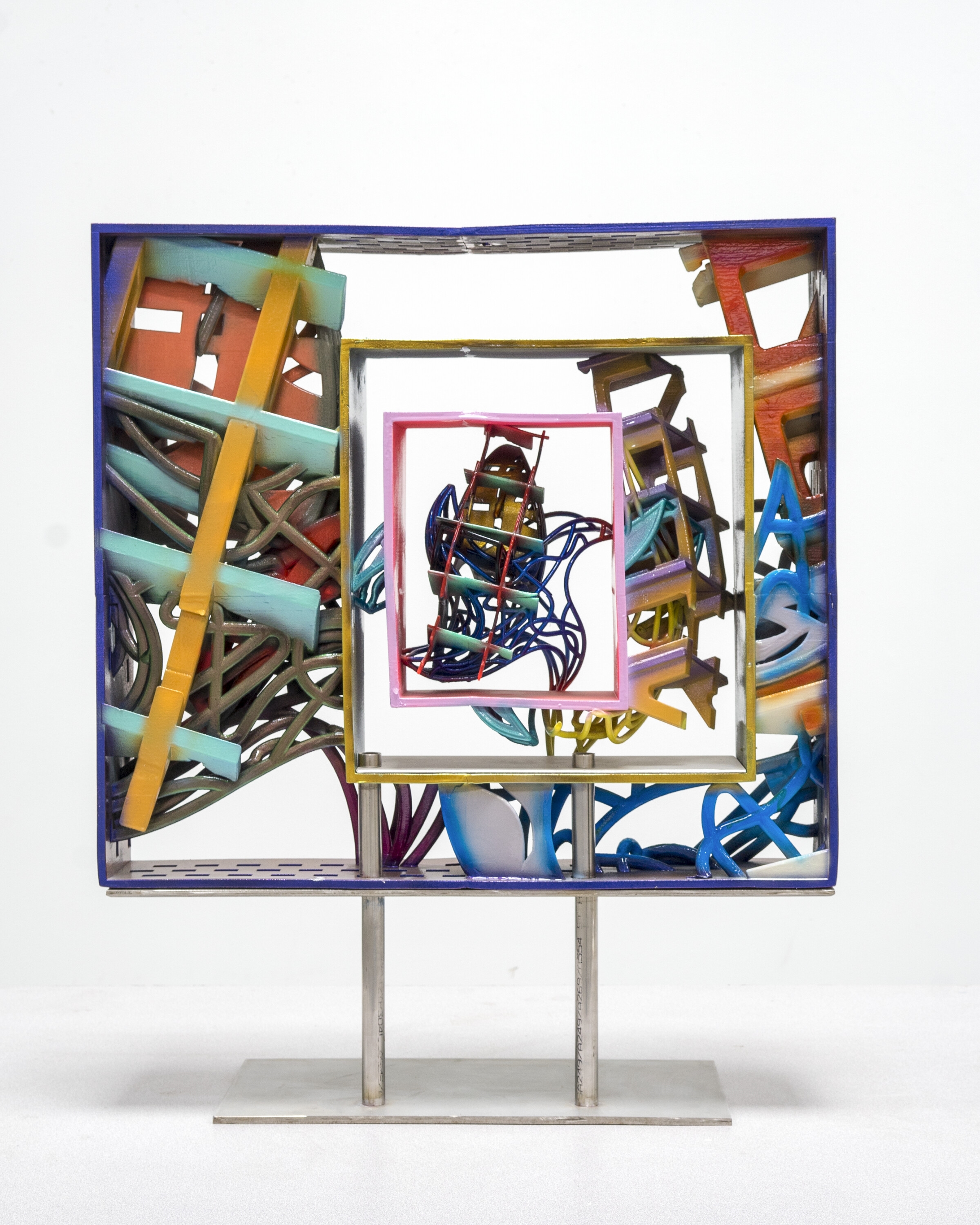 Artwork by Frank Stella, Framed Model for the Frigate Macedonian HBM and the Frigate United States 2, Made of plastic with stainless steel